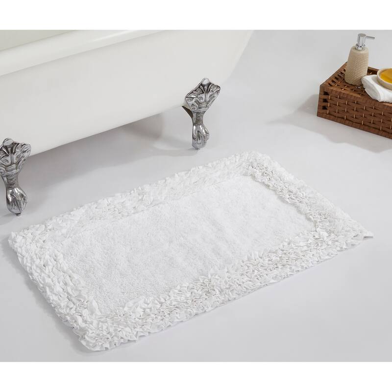 Better Trends Shaggy Border Collection Bathroom Rug -100% Cotton Tufted, Non-Skid Spray Latex Backing, Machine Washable Bath Mat - 21" x 34" Rectangle - White