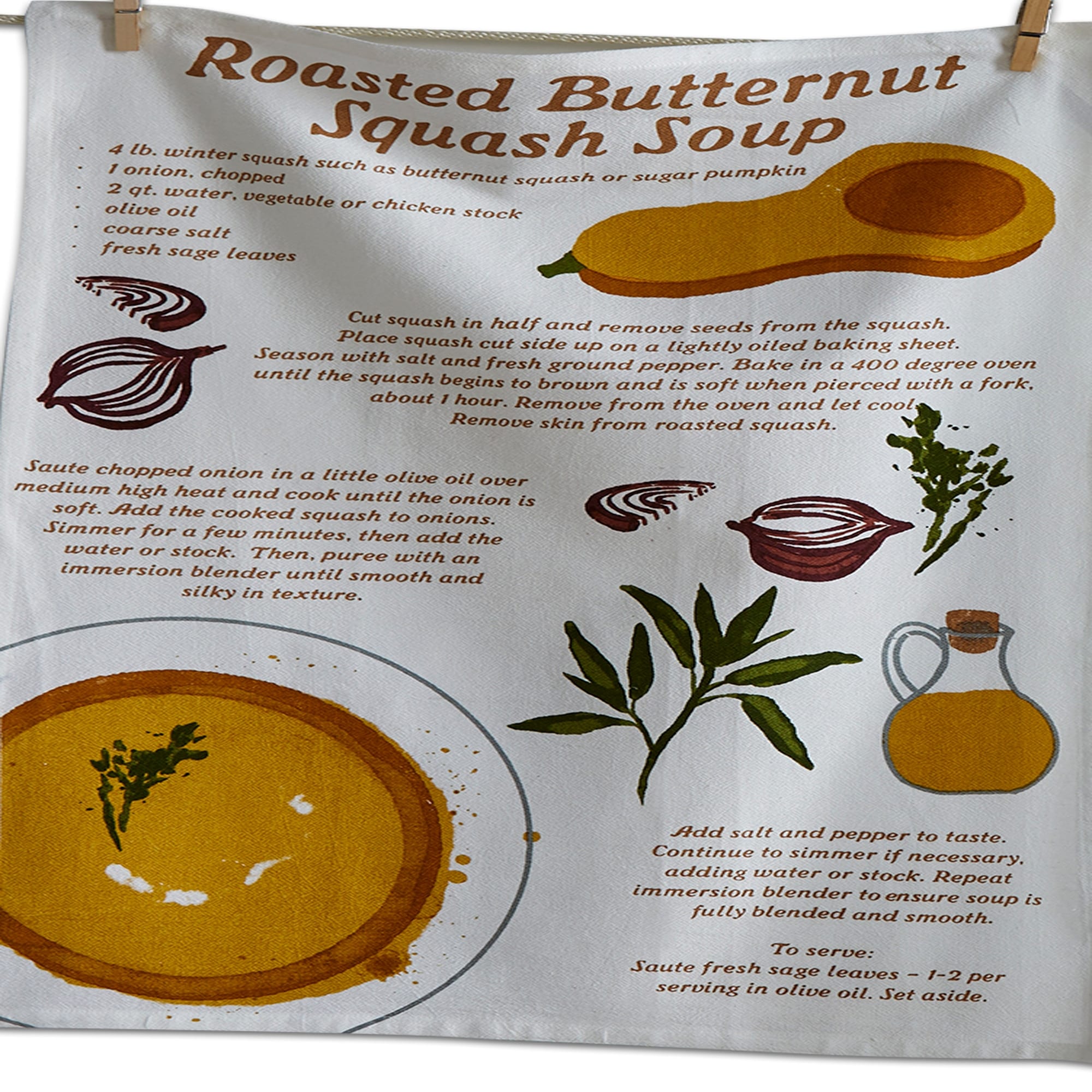 Butternut Squash Recipe Kitchen Towel Set of 2 Multicolor Cotton Dish Towels Everyday Use Machine Wash 26x18 inches