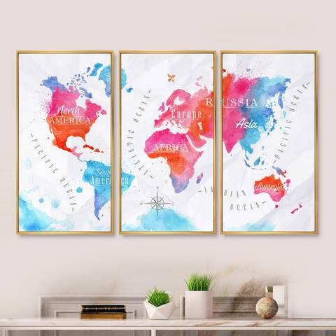Designart "World Map In Pink and Blue" Modern Framed Wall Decor Set of 3 - 4 Colors of Frames