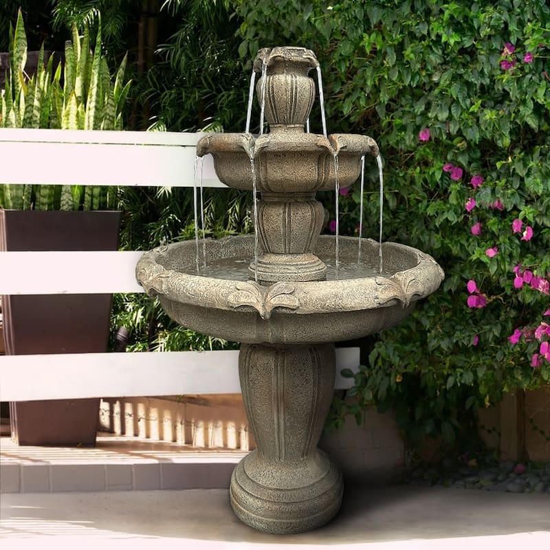 48''H 3-Tiered Modern Glass Fiber Outdoor Waterfall Fountain - Grey