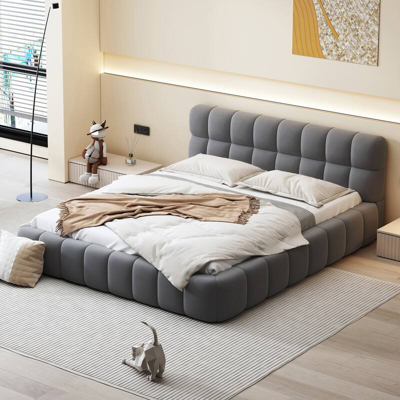 Grounded Bed Upholstered Platform Bed with Headboard and Support Slats Linen Fabric - Grey - Queen