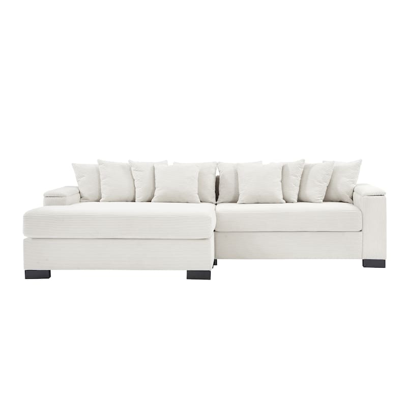 111" L Shaped Sectional Couch with Chaise Lounge and Storage Armrest - Beige