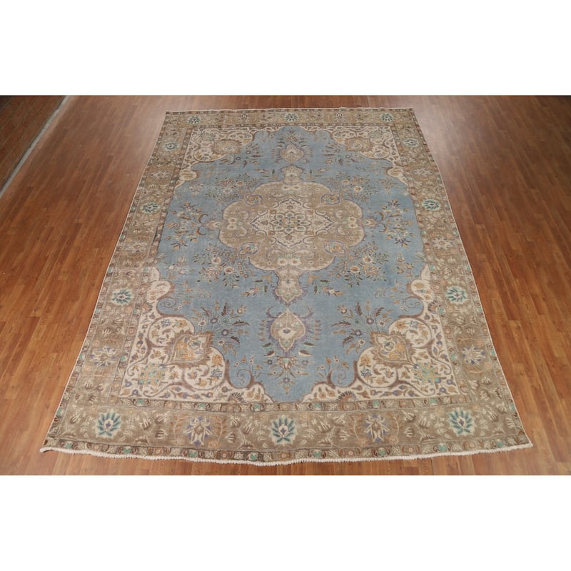 Light Blue Tabriz Persian Rug Traditional Hand-Knotted Wool Carpet - 9'9"x 12'9"