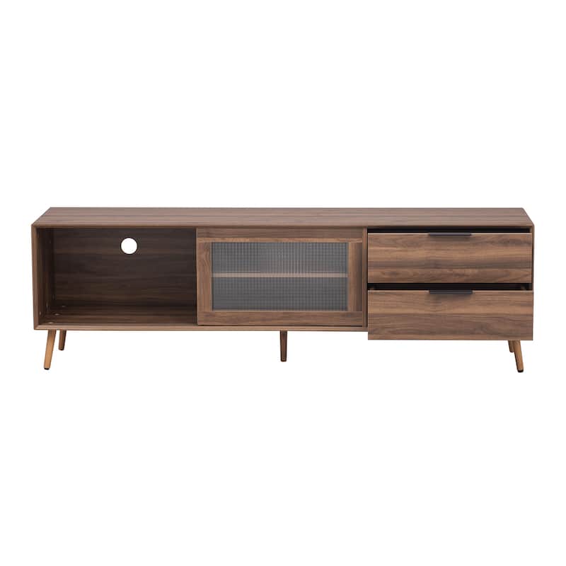 Mid Century Modern Walnut TV Stand for TVs up to 75 Inches with Tempered Glass Sliding Doors Drawers