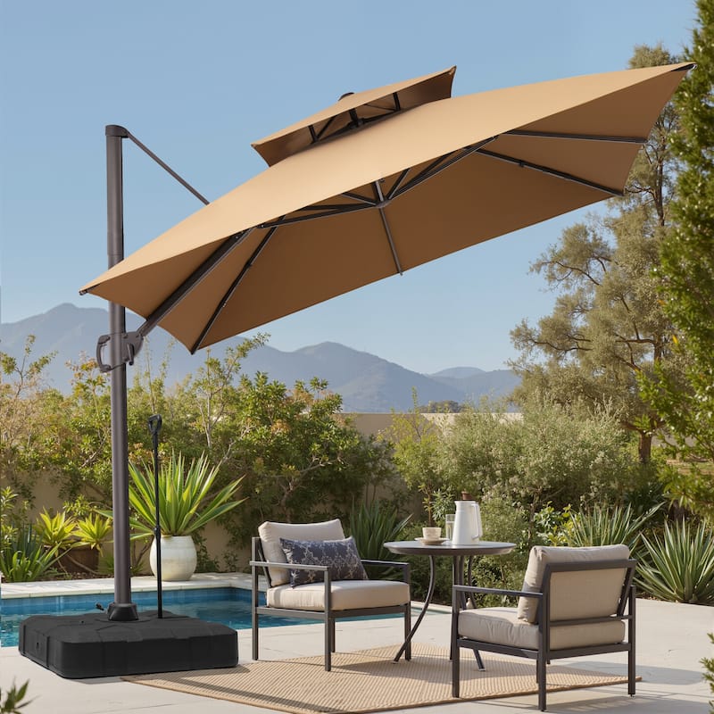 Outdoor 10 x 10ft Square Double Top Patio Cantilever Umbrella with Base - Tan