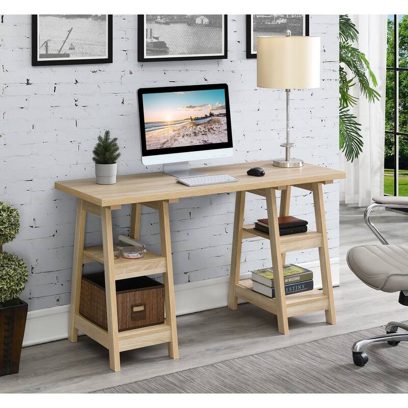 Convenience Concepts Designs2Go Double Trestle Desk with Shelves - Weathered White