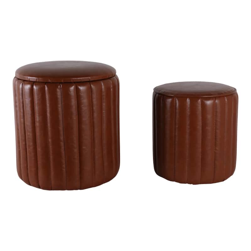 Leather and Pine Wood Ottoman Modern Storage (Set of 2) - 14/18" Brown