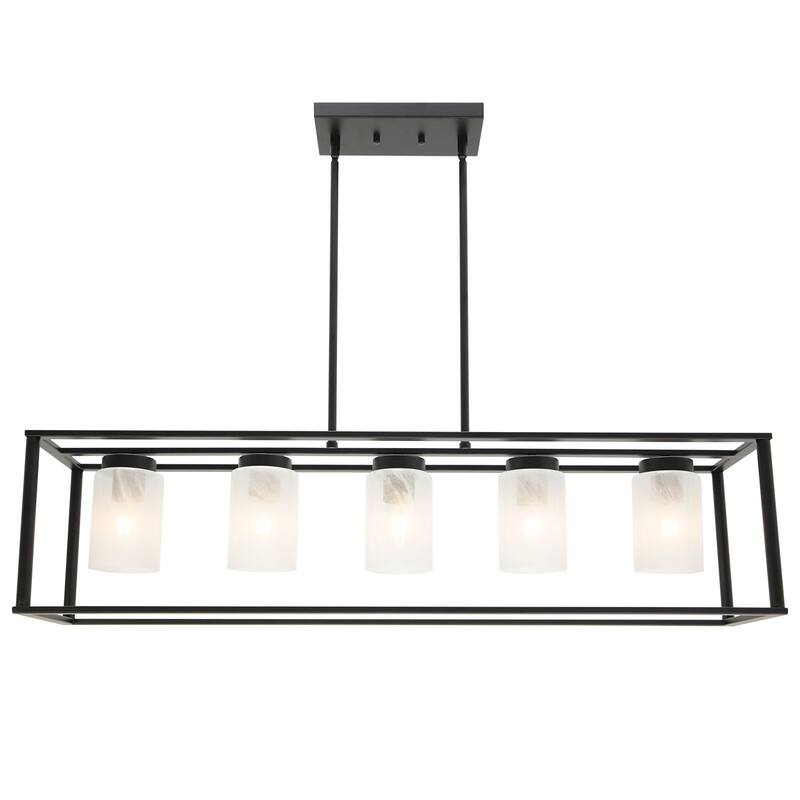 5-Light Industrial Dining Room Ceiling Lighting in Matte Black Finish with Glass Shade Classic Pendant Island Lighting Fixture