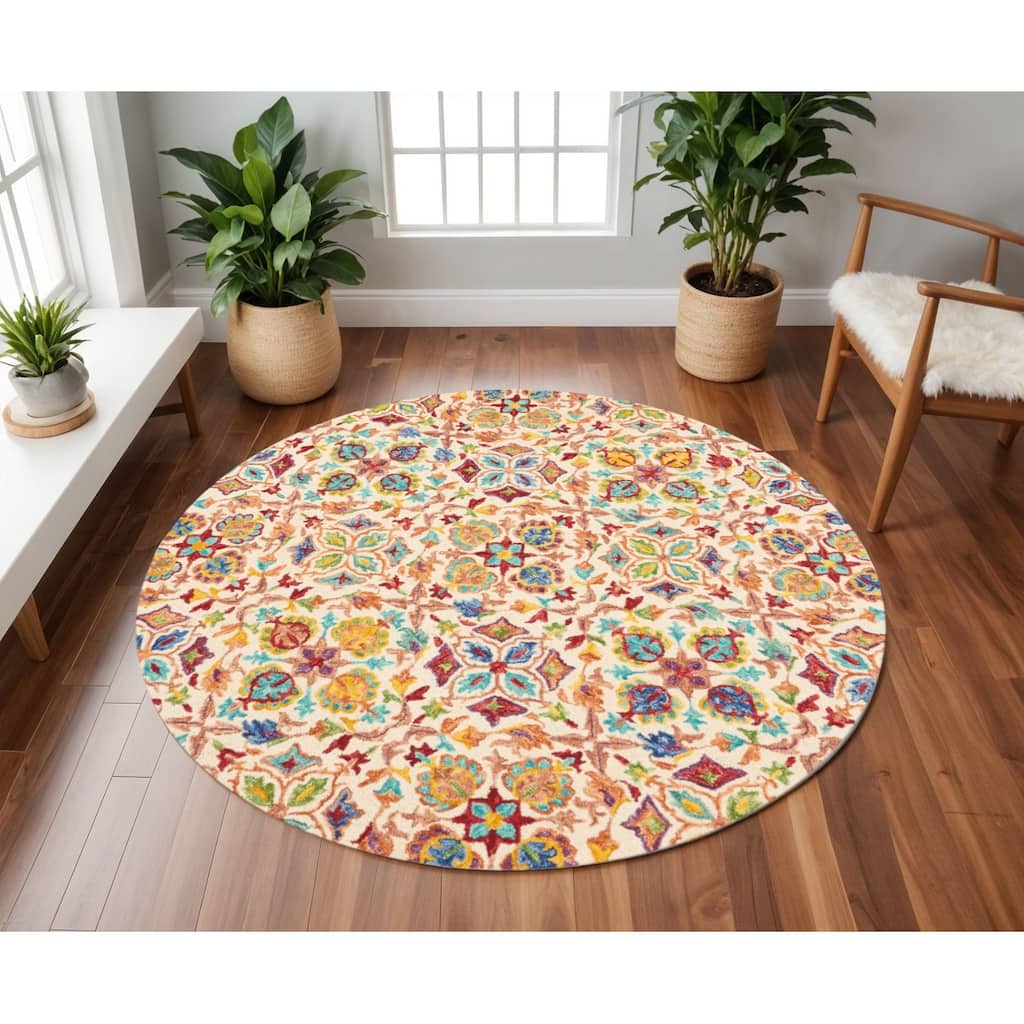 HomeRootsFloral Bohemian Round Area Rug - 96' X '96' X '0.5