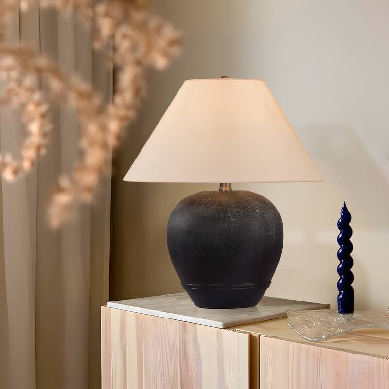Global Accent Ceramic Table Lamp with Linen Shade - Small size: 18"H x 15"W x 15"D - Black Smudged