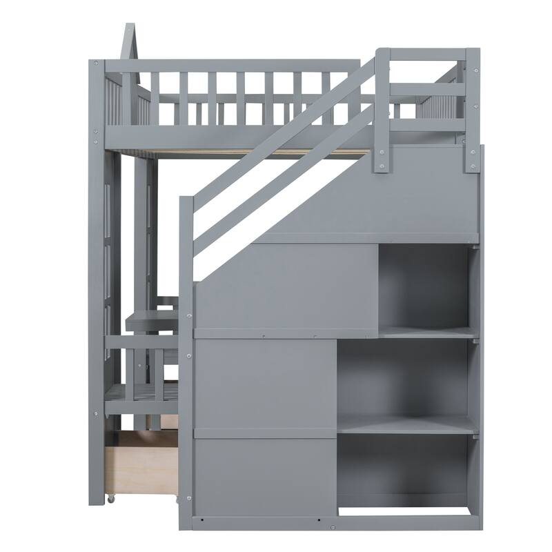 Full Size Wooden Loft Bunk Bed with Table, Seats, and Storage Shelves