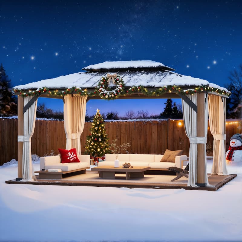 Outdoor Galvanized Steel Roof Gazebo Pergola w Wooden Coated Alumninum Frame, Privacy Curtains and Nettings Include - 12'x16' - Wood Grain