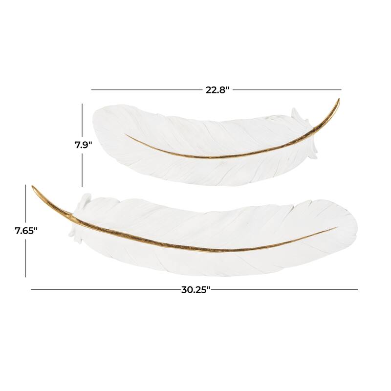 Resin Bird Feather Home Wall Decor with Gold Foil Accent - Set of 2 White - Roche River Decor