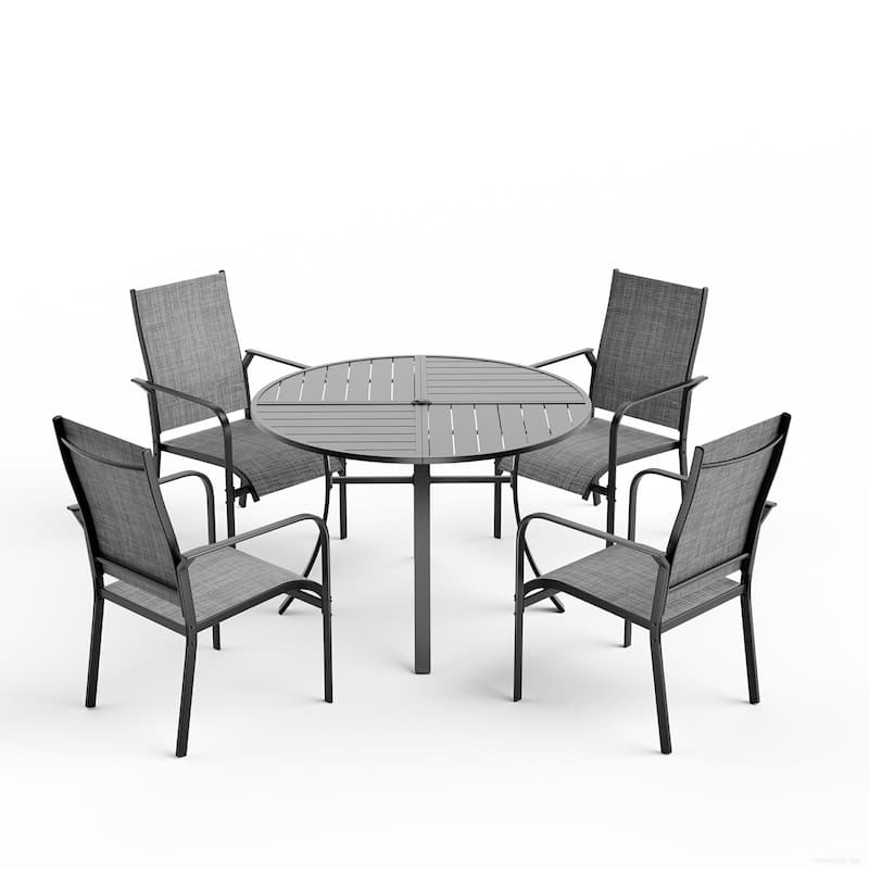 5/7/9-Piece Outdoor Patio Dining Set with Stackable Textilene Chairs and Slatted Table, Furniture with Adjustable Umbrella Hole
