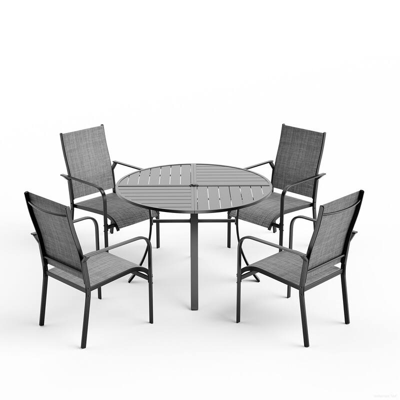 Patio Dining Set, Outdoor Dining Table and Chairs Set with Textilene Chairs, Adjustable Umbrella Hole for Garden, Backyard