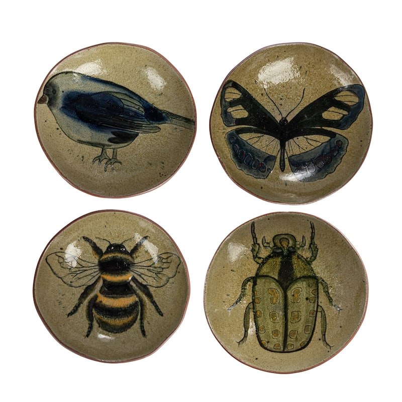 Stoneware Plate Set with Insect and Bird Designs