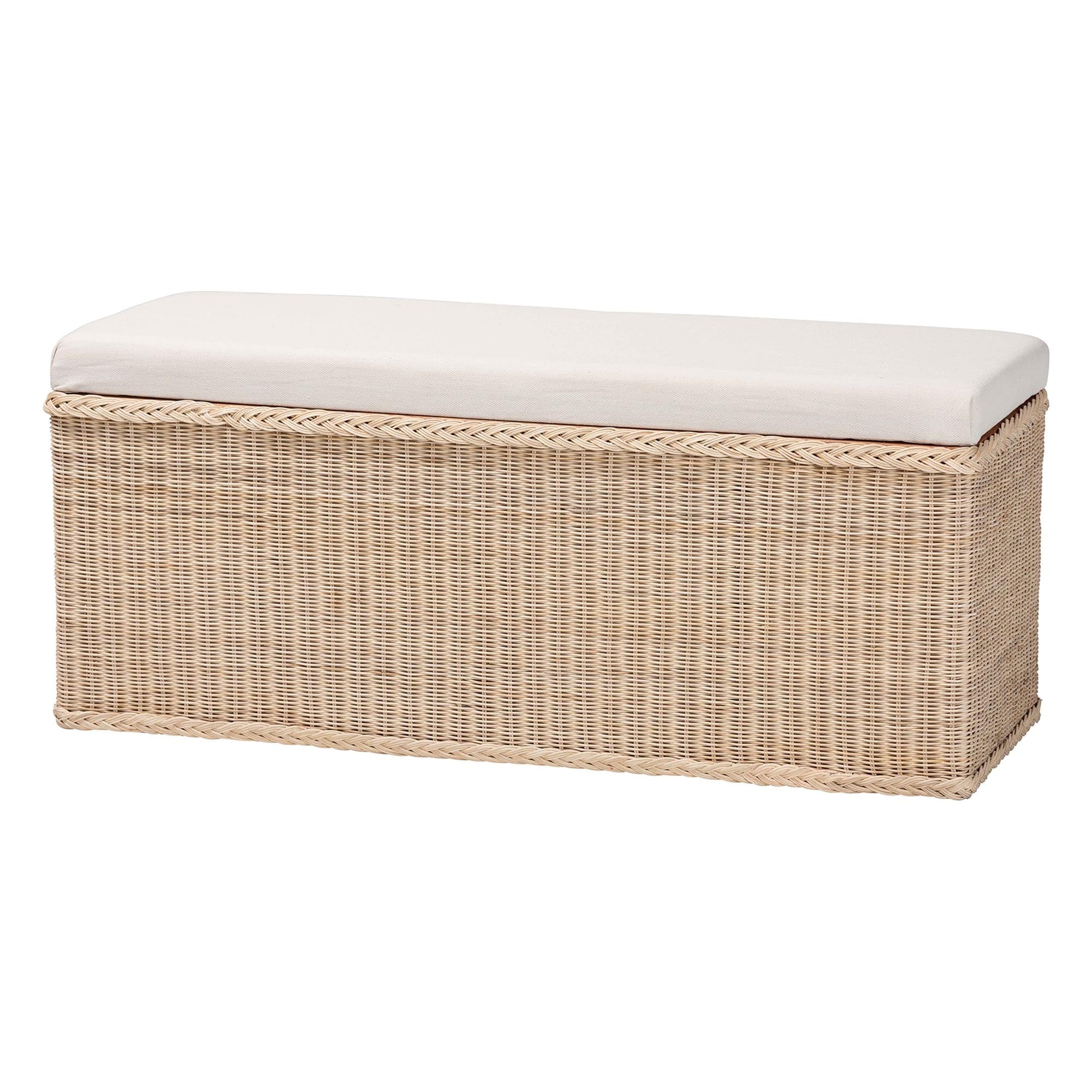 Barid Braided Natural Rattan Storage Bench with Lift-Top - Coastal Boho Chest for Bedroom or Living Room, Natural