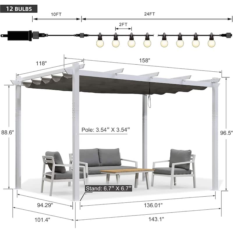 PURPLE LEAF Gazebo White Aluminium Outdoor Retractable Pergola with Canopy Cover