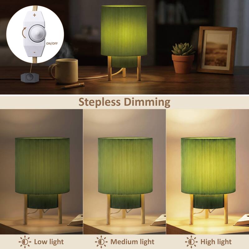 10" Table Lamp with Pleated Fabric Shade, Natural Rubber Wood Base, Dimmerable Rotary Switch