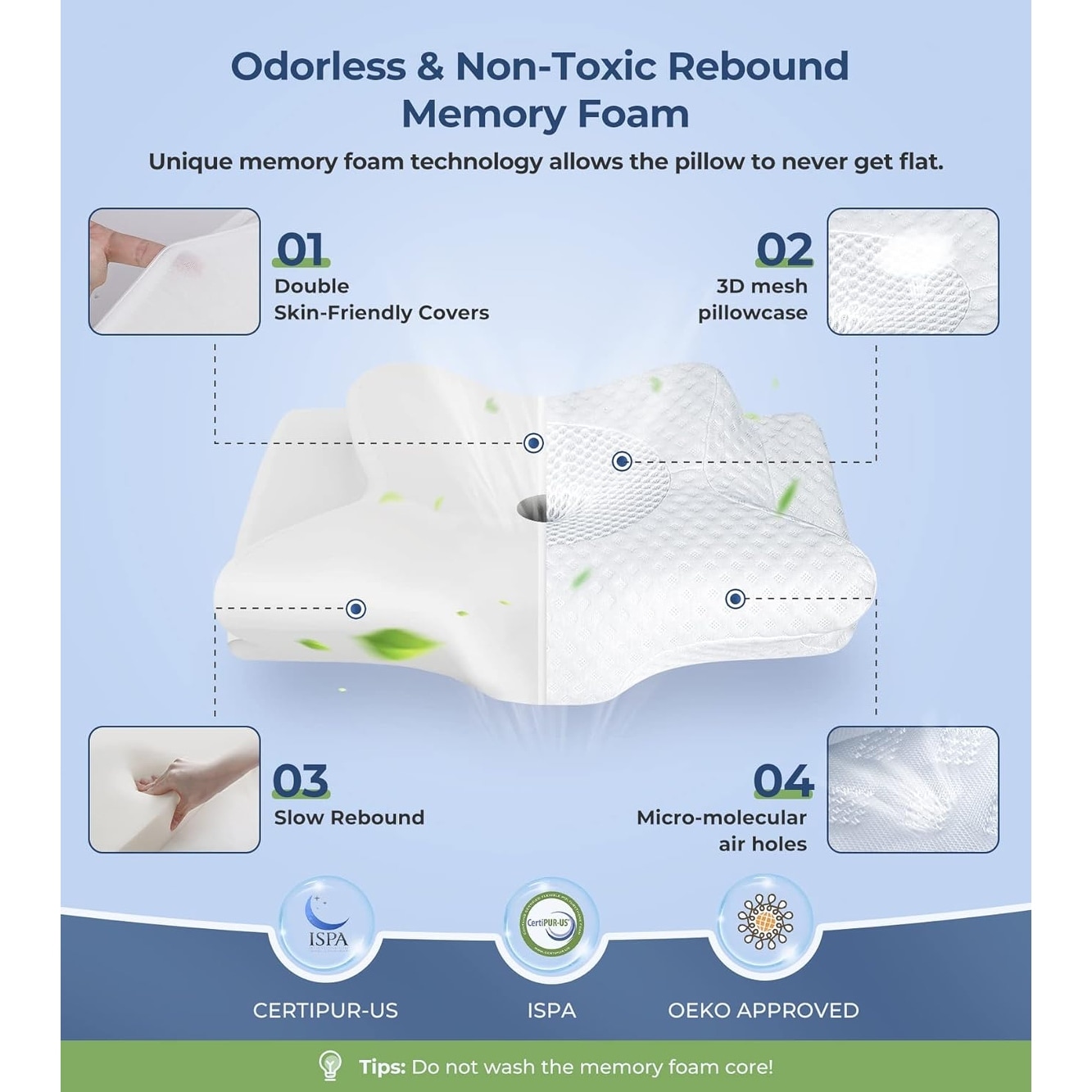 Cervical Pillow for Neck and Shoulder Support Adjustable Memory Foam Odorless Ergonomic Contour Neck