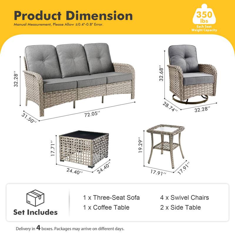 HOOOWOOO 8-piece Patio Wicker Rattan Swivel Rocking Chair Set with Solar-powered Table