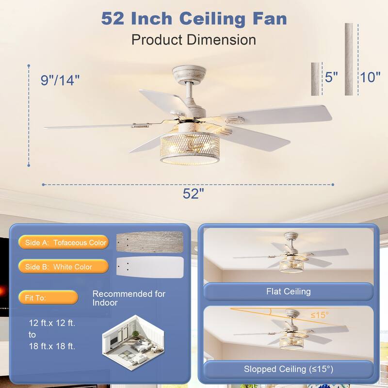 42-52Inch Caged Ceiling Fans with Lights: Dual Finish 5 Blades - Rustic with Remote Control (E26 Bulb Included)