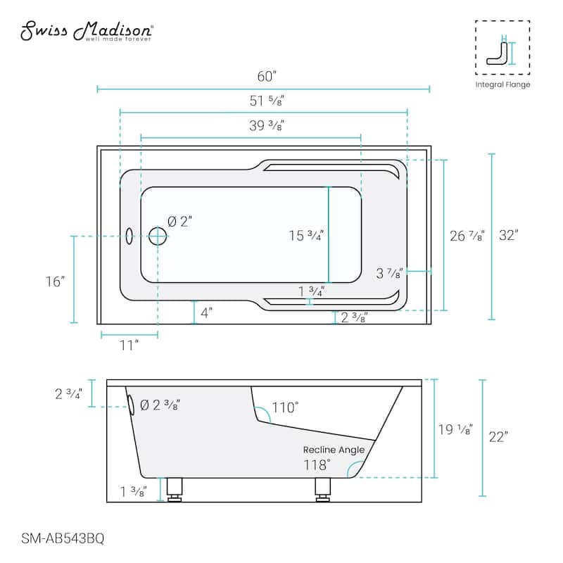 Swiss Madison Voltaire, Acrylic White, Alcove, Integral Armrest, Bathtub with Apron