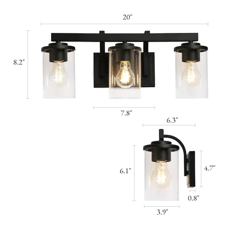 Modern Farmhouse 3-Light Black Bathroom Vanity Light Cylinder Glass Wall Sconce