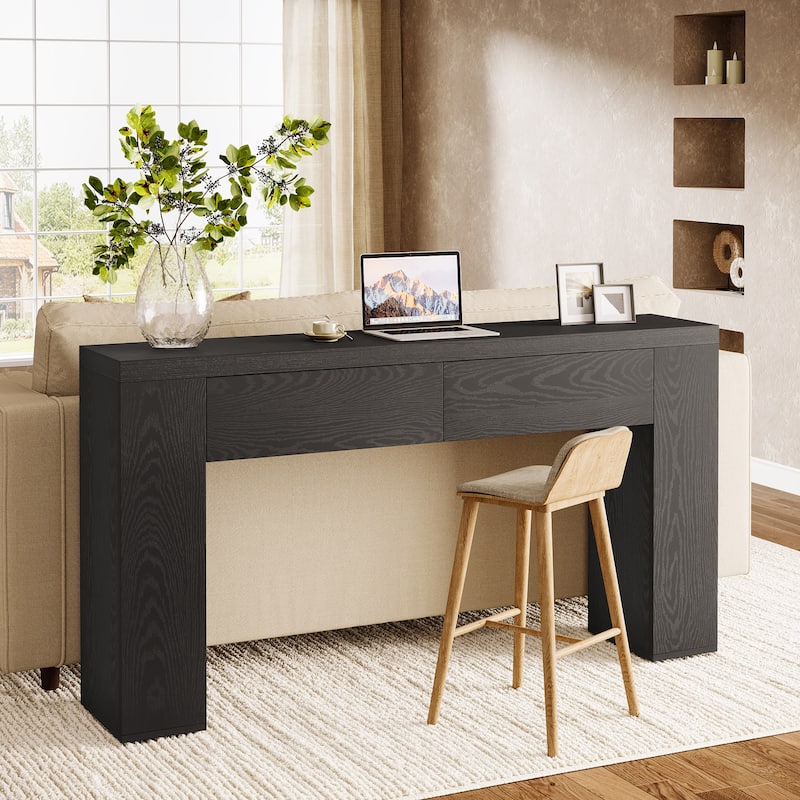 63-Inch Wooden Console Table, Farmhouse Rustic Brown Sofa Table