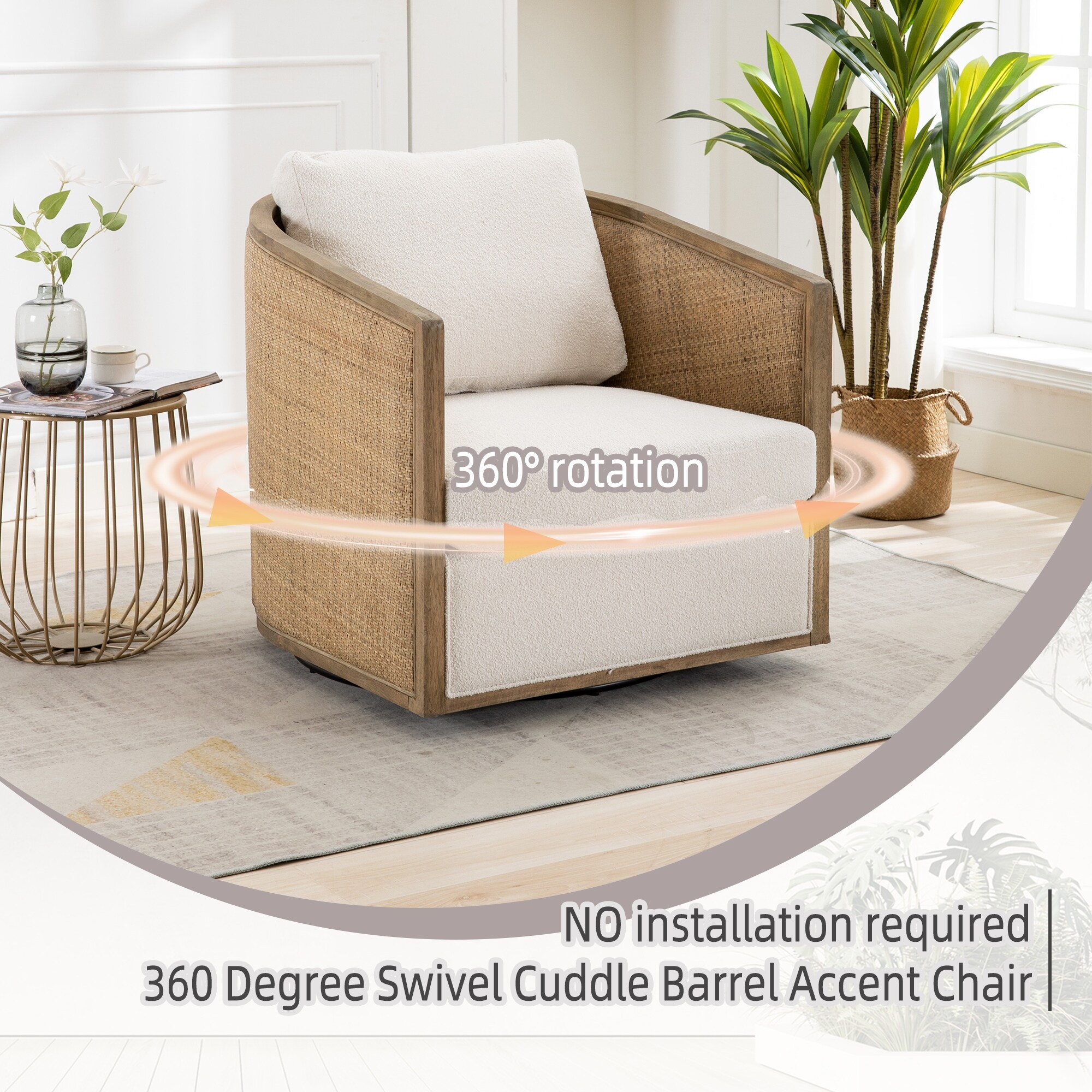 Beige Modern 30.12" Upholstered 360° Swivel Barrel Chair with Sturdy Hardwood Frame