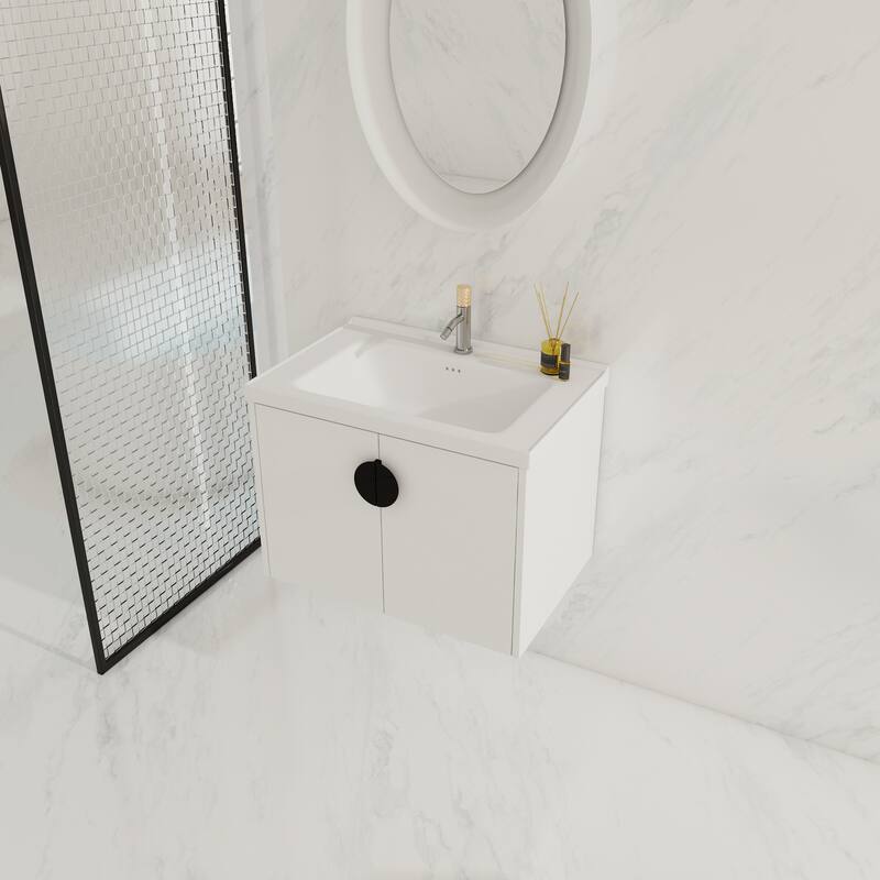 Wall-Mounted Bathroom Vanity with Ceramic Basin, Soft-Close Doors, and Customizable Metal Handles