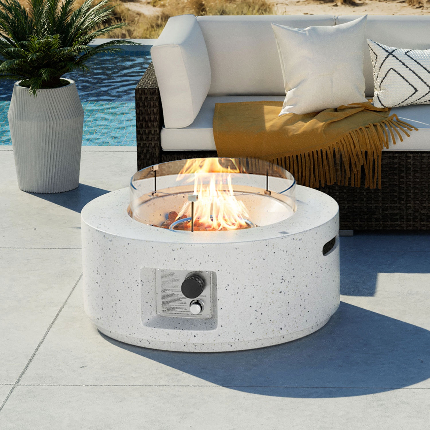 COSIEST Outdoor White Round Fire Pit with Wind Guard