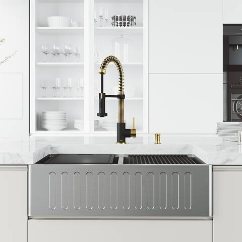 VIGO Matte Stone Farmhouse Kitchen Sink Set with Edison Faucet