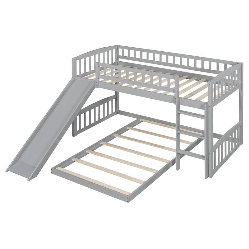 Twin Over Twin Bunk Bed with Slide & Ladder and Gray Solid Wood, 250lb Capacity, Space-Saving Kids Bed