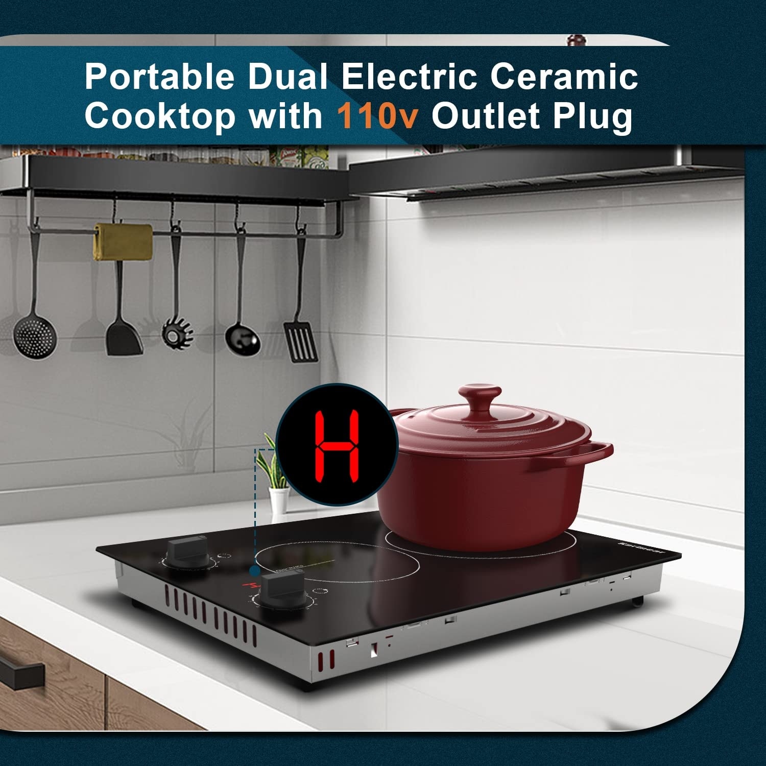 Electric Cooktop 2 Burner Electric Stove Top Ceramic Cooktop Knob Control  110V