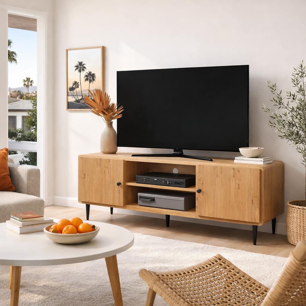 Natural Oak Finish Modern TV Stand with Storage Natural Fits TVs up to 60 inches
