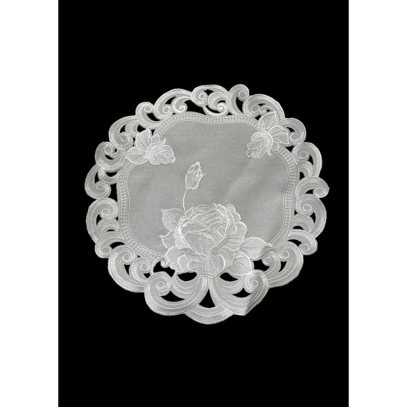 Silver Rose Embroidered Cutwork Round Placemat, 16-Inch diameter Table Linen Decor - 16" - Single - 16"