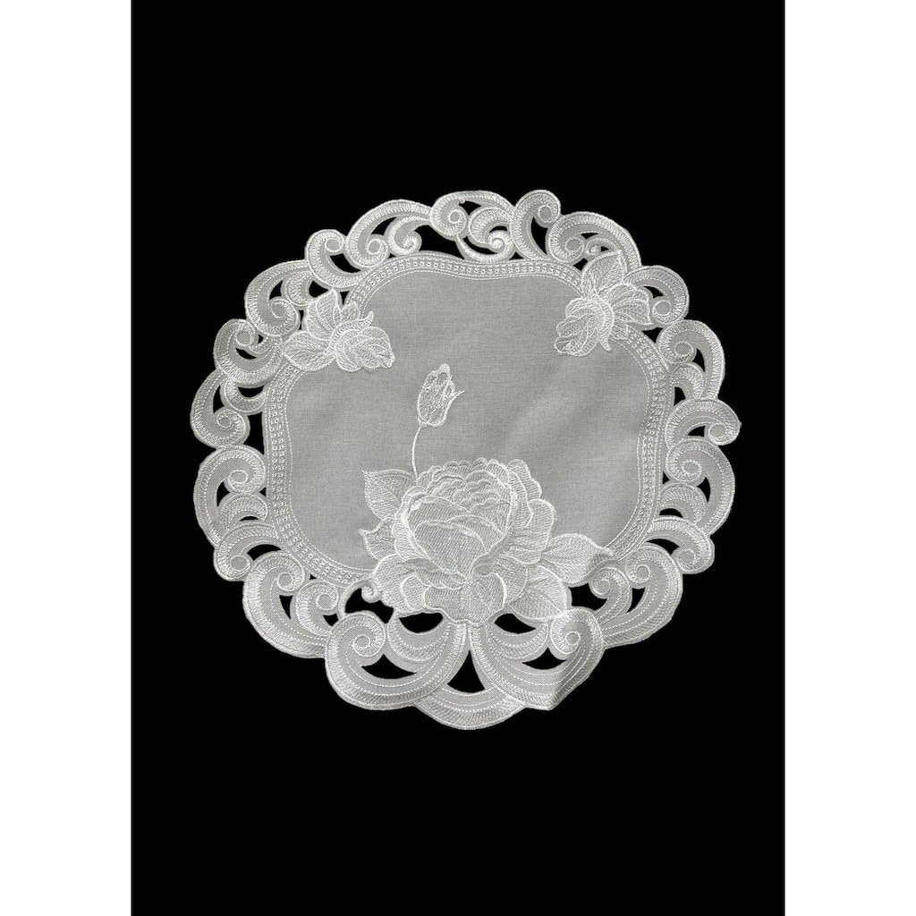 Silver Rose Embroidered Cutwork Round Placemat, 16-Inch diameter Table Linen Decor - 16"