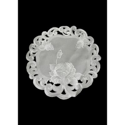 Silver Rose Embroidered Cutwork Round Placemat, 24-Inch diameter Table Linen Decor, Water Resistance - 24"