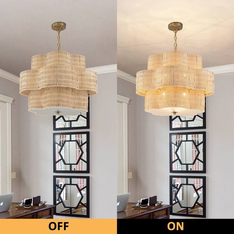 C Cattleya 6-Light Natural Rattan Chandelier with 3-Tier Hand Woven Flower-Shaped Shade - 24-inch