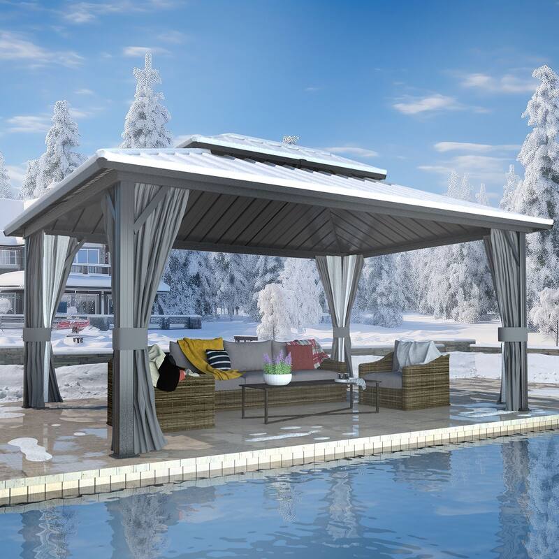 VEIKOUS Aluminum Double Hardtop Gazebo Pergola for Patio, Lawn, and Garden with Removable Curtains and Netting