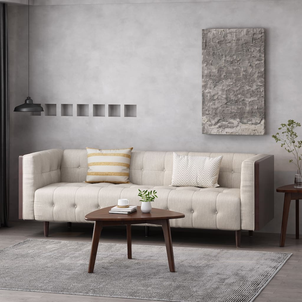Roomfitters Mid-Century 3-Seater Sofa, Upholstered Tufted Couch for Living Room, Modern Wood-Accent Design, Beige
