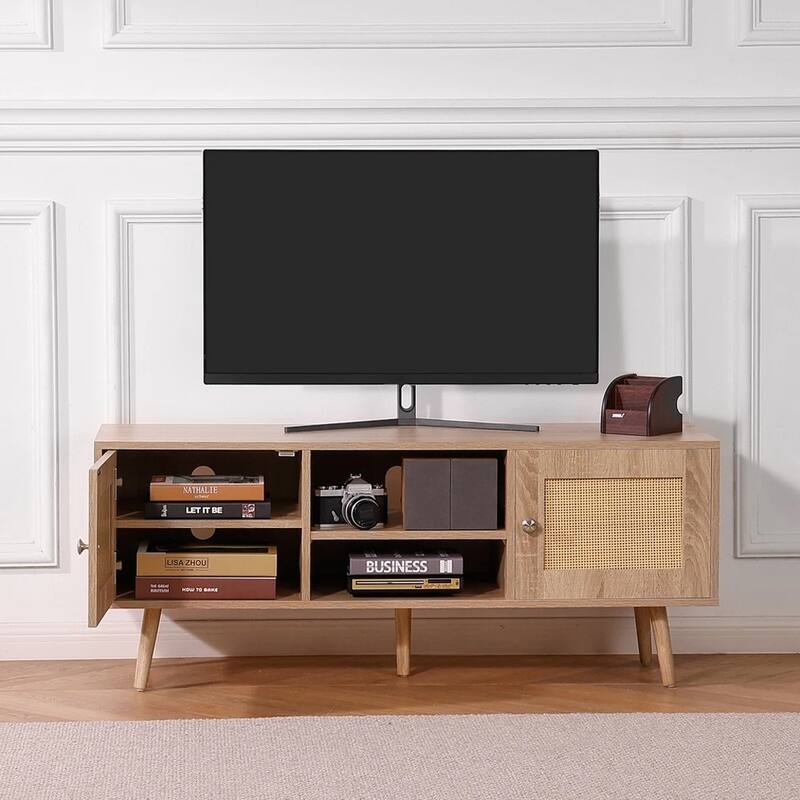 Rattan TV Stand for 55" TV Entertainment Center with Rattan Door Oak - 47 inches in width