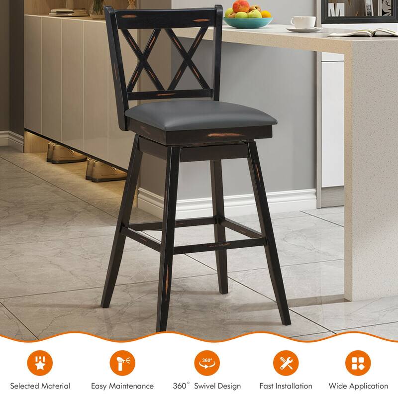 Gymax Set of 4 Barstools Swivel Bar Height Chairs with Rubber Wood