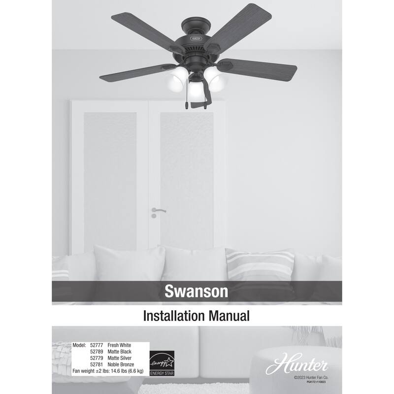 Hunter 44" Swanson Ceiling Fan with LED Light Kit & Pull Chain - Casual Traditional - 4 Speed DC Motor - ENERGY STAR!