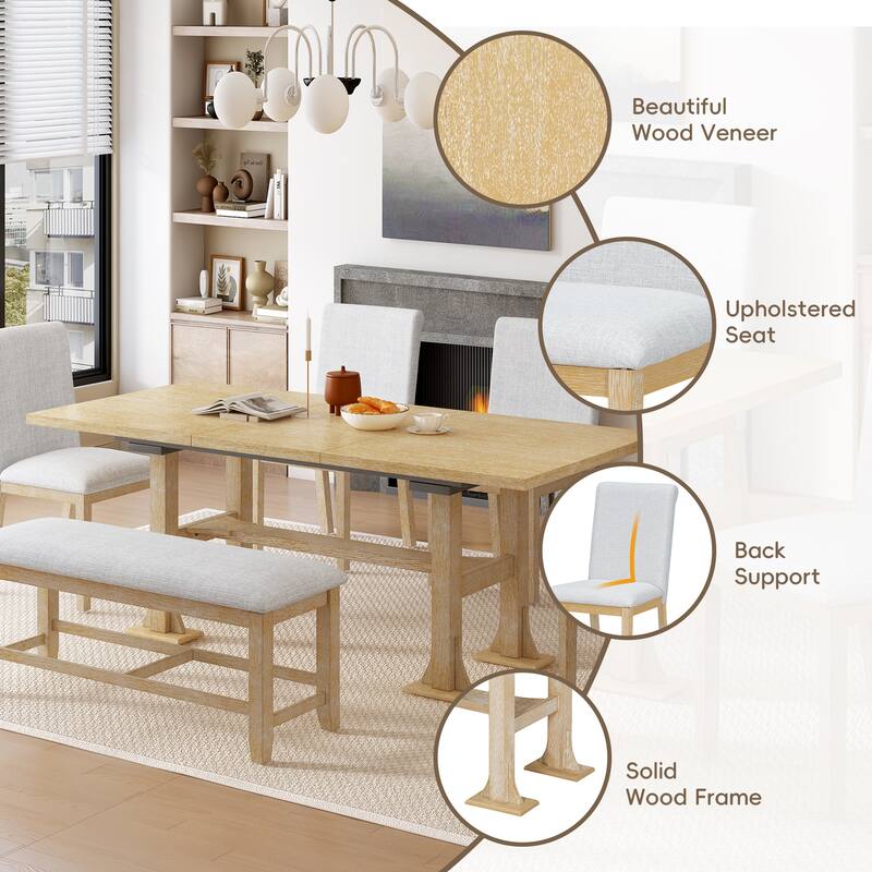 Trestle Kitchen Table Set for 6, Simple Upholstered Dining Chair and Bench Set for Dining Room, Extendable Dining Table