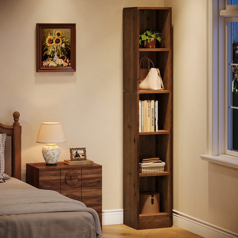 5-tier Narrow Corner Bookcase For Home Office, Bedroom, Small Spaces - Brown