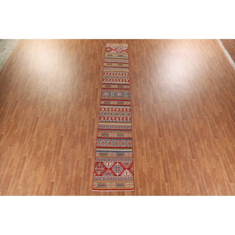 Hand Knotted Oriental 100% Wool Carpet Traditional All-Over Multi-Colored Kazak Runner Rug - 13' 10'' X 2' 6''
