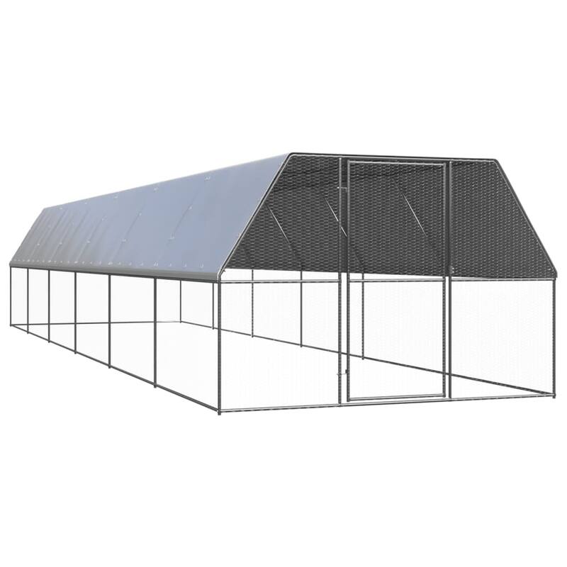 vidaXL Chicken Cage Silver and silver grey Galvanized steel, polyethylene - 9.8' x 39.4' x 6.6'