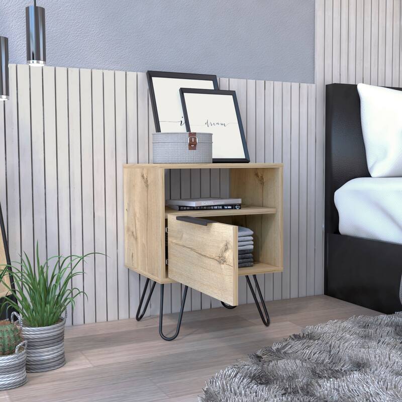 Modern Light Oak Nightstand with Drawer and Open Shelf, Hairpin Legs, Compact Design for Bedroom or Living Room